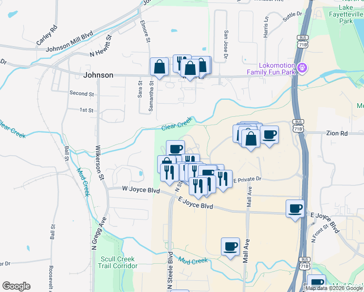 map of restaurants, bars, coffee shops, grocery stores, and more near 4245 Northeast Meadow Creek Circle in Fayetteville