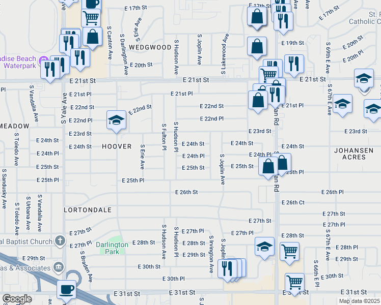 map of restaurants, bars, coffee shops, grocery stores, and more near 5733 East 24th Street in Tulsa