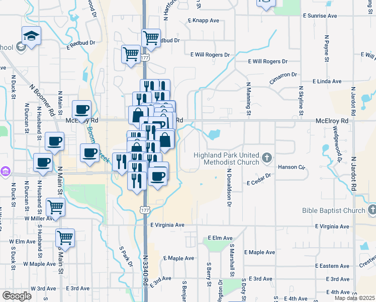 map of restaurants, bars, coffee shops, grocery stores, and more near 800 East Hall of Fame Avenue in Stillwater