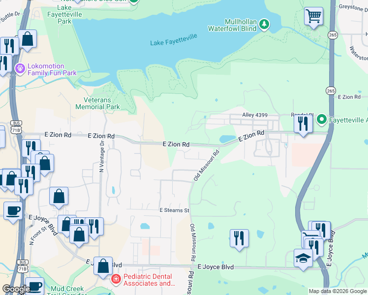 map of restaurants, bars, coffee shops, grocery stores, and more near 2106 East Cinnamon Way in Fayetteville