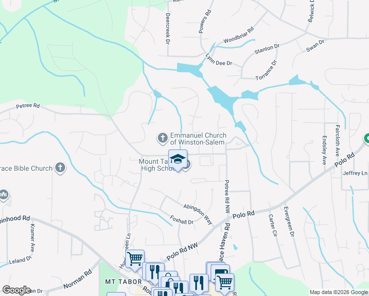 map of restaurants, bars, coffee shops, grocery stores, and more near 108 Windridge Court in Winston-Salem