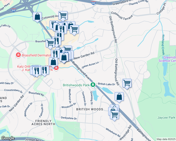 map of restaurants, bars, coffee shops, grocery stores, and more near 2872 Park Place in Greensboro