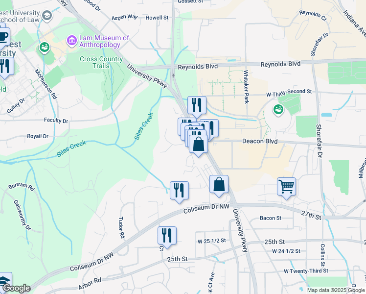 map of restaurants, bars, coffee shops, grocery stores, and more near 3070 Bonhurst Drive in Winston-Salem