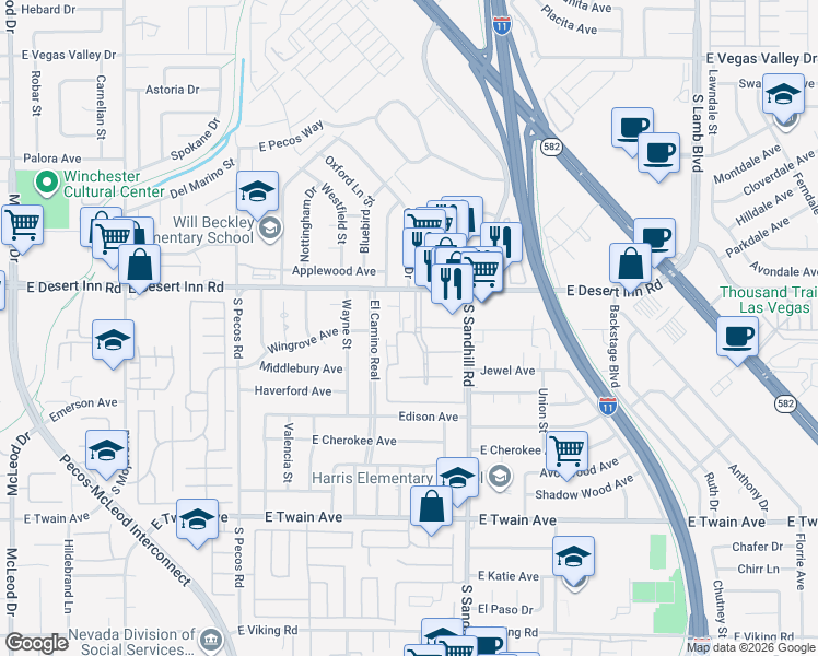 map of restaurants, bars, coffee shops, grocery stores, and more near 3366 Sylvia Street in Las Vegas