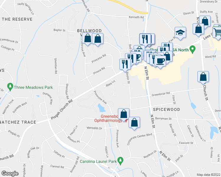 map of restaurants, bars, coffee shops, grocery stores, and more near 705 Pisgah Church Road in Greensboro