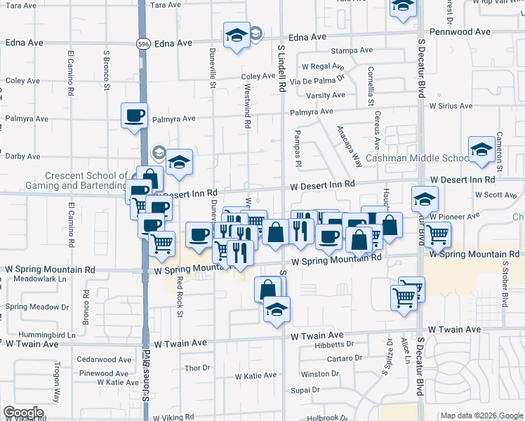 map of restaurants, bars, coffee shops, grocery stores, and more near 5555 West Desert Inn Road in Las Vegas