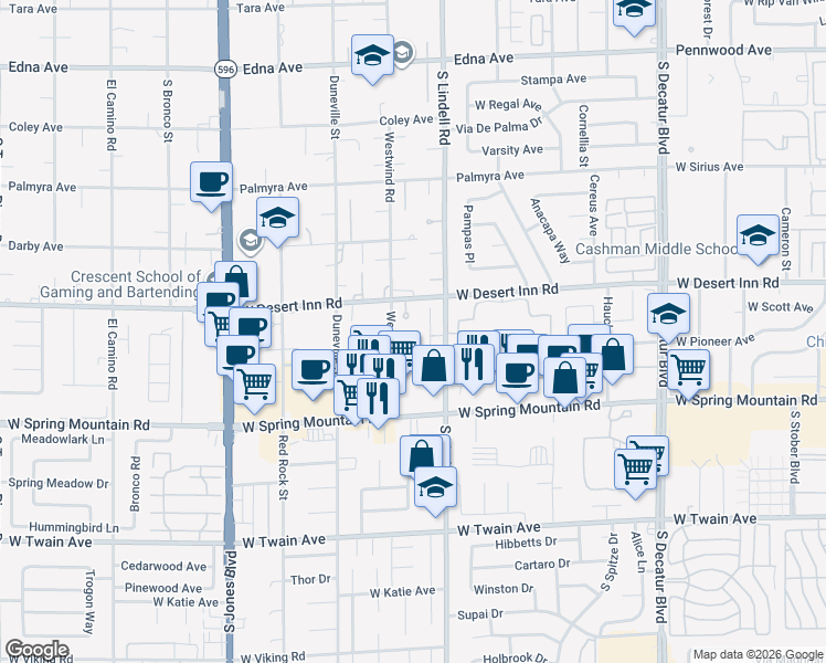 map of restaurants, bars, coffee shops, grocery stores, and more near 3372 Westwind Road in Las Vegas