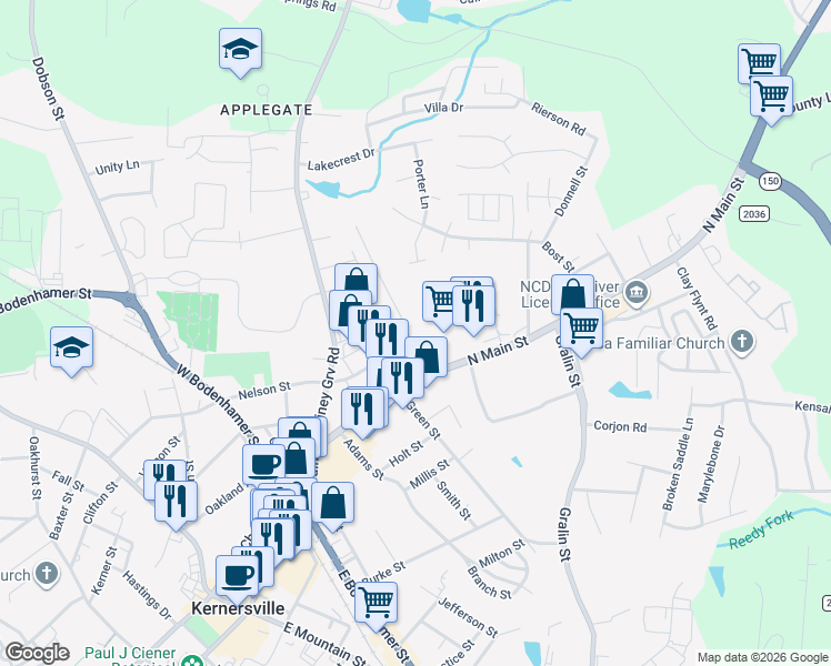 map of restaurants, bars, coffee shops, grocery stores, and more near 603 Nelson Street in Kernersville