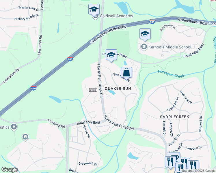 map of restaurants, bars, coffee shops, grocery stores, and more near 15 Cherine Way in Greensboro