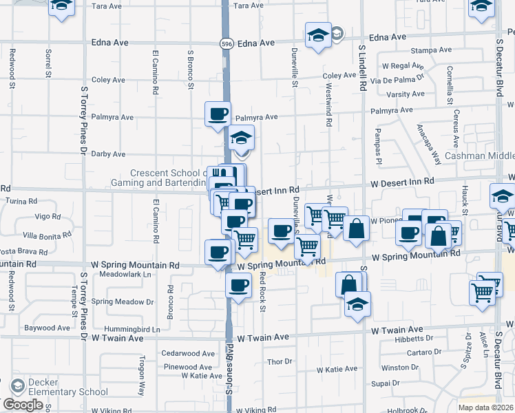 map of restaurants, bars, coffee shops, grocery stores, and more near 5929 West Desert Inn Road in Las Vegas