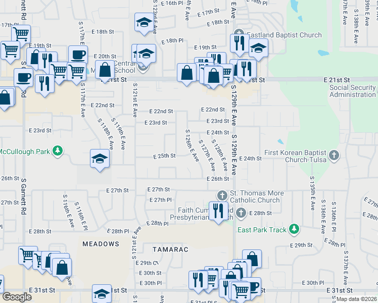 map of restaurants, bars, coffee shops, grocery stores, and more near 12531 East 25th Street in Tulsa