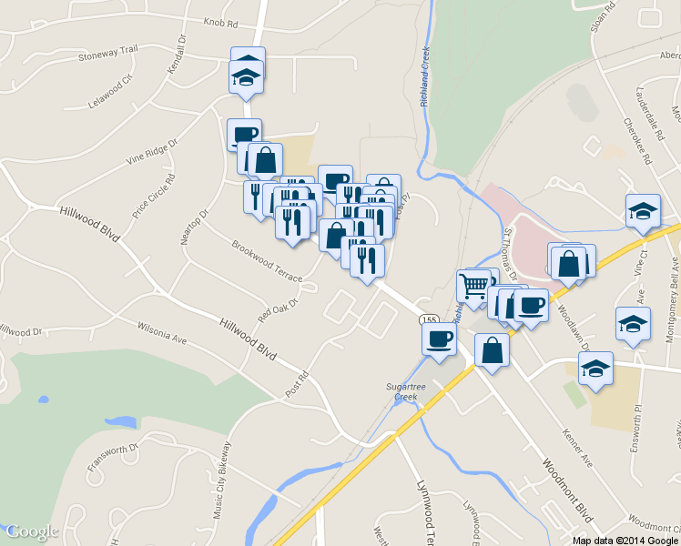map of restaurants, bars, coffee shops, grocery stores, and more near White Bridge Road in Nashville