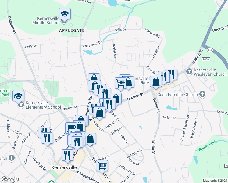 map of restaurants, bars, coffee shops, grocery stores, and more near 603 Nelson Street in Kernersville