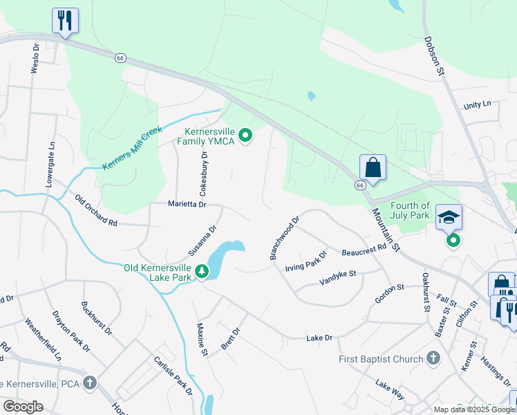 map of restaurants, bars, coffee shops, grocery stores, and more near 150 Oak Forest Drive in Kernersville