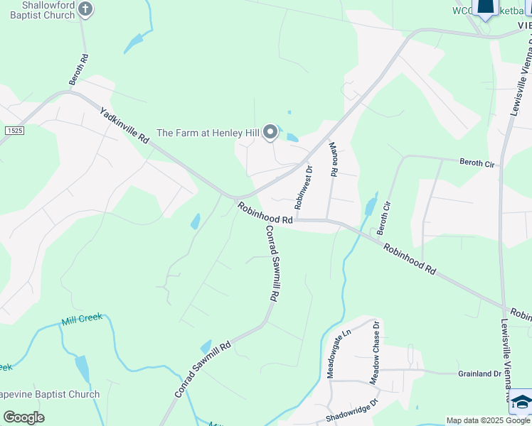 map of restaurants, bars, coffee shops, grocery stores, and more near 7015 Robinhood Road in Pfafftown