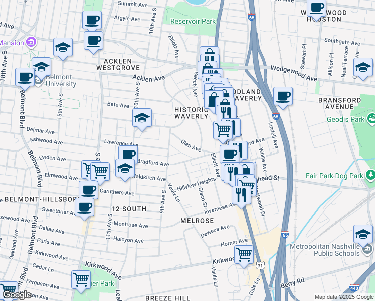 map of restaurants, bars, coffee shops, grocery stores, and more near 834 Glen Avenue in Nashville