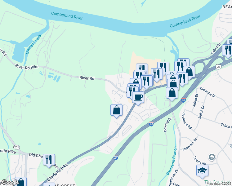 map of restaurants, bars, coffee shops, grocery stores, and more near 5754 River Road in Nashville