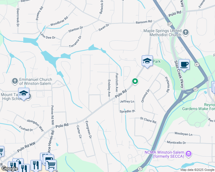 map of restaurants, bars, coffee shops, grocery stores, and more near 164 Endsley Avenue in Winston-Salem