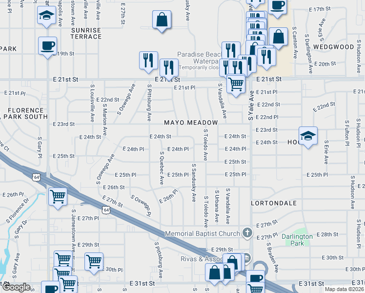 map of restaurants, bars, coffee shops, grocery stores, and more near 4241 East 24th Place in Tulsa