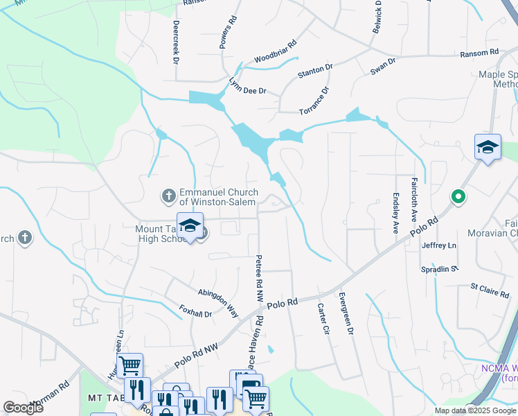 map of restaurants, bars, coffee shops, grocery stores, and more near 100 Gatehouse Road in Winston-Salem