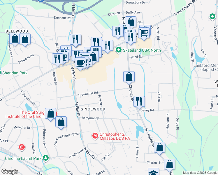 map of restaurants, bars, coffee shops, grocery stores, and more near 200 Greenbriar Road in Greensboro