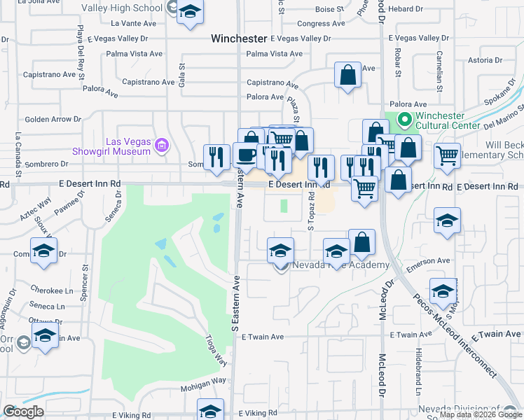 map of restaurants, bars, coffee shops, grocery stores, and more near 3337 Racquet Street in Las Vegas