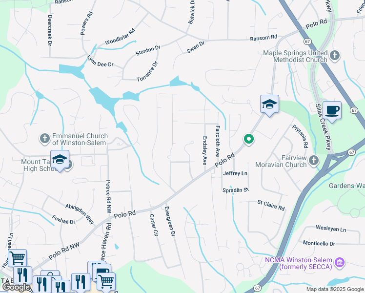 map of restaurants, bars, coffee shops, grocery stores, and more near 216 Tabor View Lane in Winston-Salem
