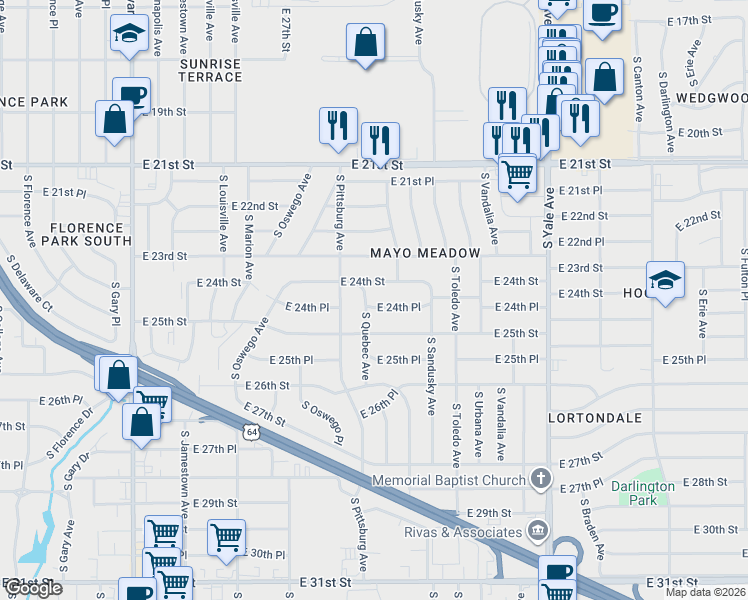 map of restaurants, bars, coffee shops, grocery stores, and more near 2417 South Quebec Avenue in Tulsa