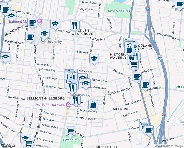 map of restaurants, bars, coffee shops, grocery stores, and more near 926 Lawrence Avenue in Nashville