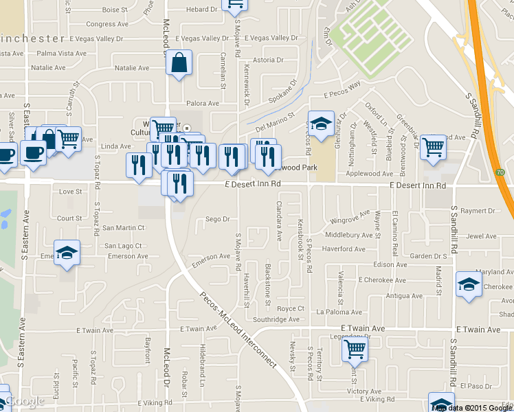 map of restaurants, bars, coffee shops, grocery stores, and more near 3255 East Desert Inn Road in Las Vegas