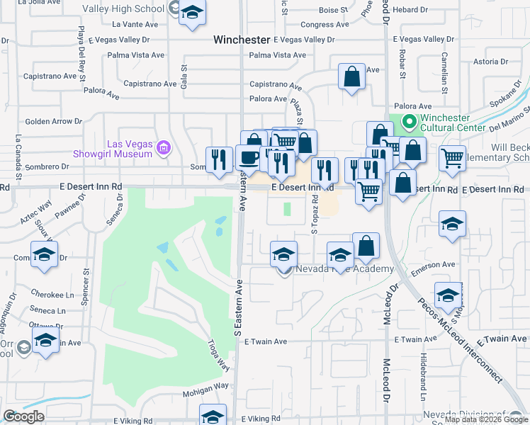 map of restaurants, bars, coffee shops, grocery stores, and more near 3337 Racquet Street in Las Vegas