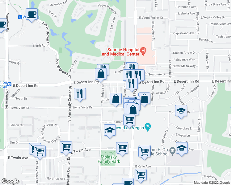map of restaurants, bars, coffee shops, grocery stores, and more near 3340 South Athens Street in Las Vegas