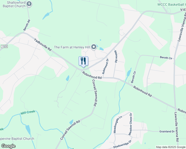 map of restaurants, bars, coffee shops, grocery stores, and more near 7015 Robinhood Road in Pfafftown
