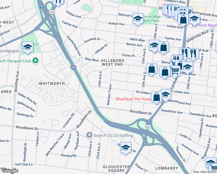 map of restaurants, bars, coffee shops, grocery stores, and more near 2513 Natchez Trace in Nashville