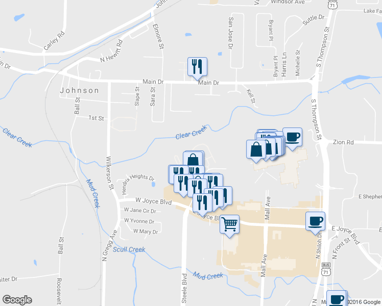 map of restaurants, bars, coffee shops, grocery stores, and more near Meadow Creek Circle in Fayetteville