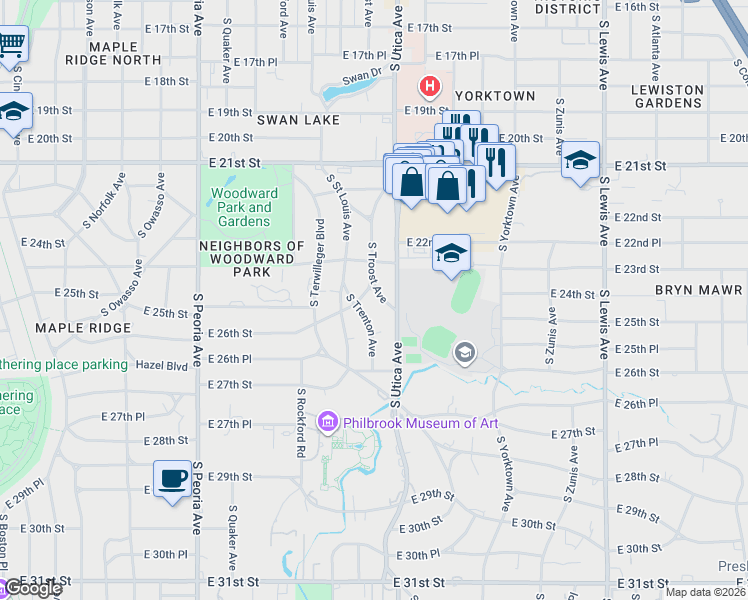 map of restaurants, bars, coffee shops, grocery stores, and more near 1615 East 26th Street in Tulsa