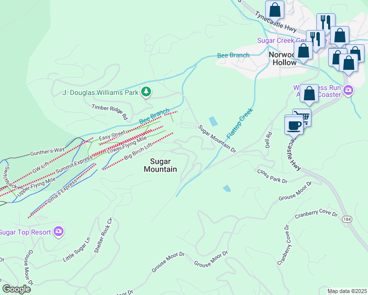 map of restaurants, bars, coffee shops, grocery stores, and more near 250 Beech View in Sugar Mountain
