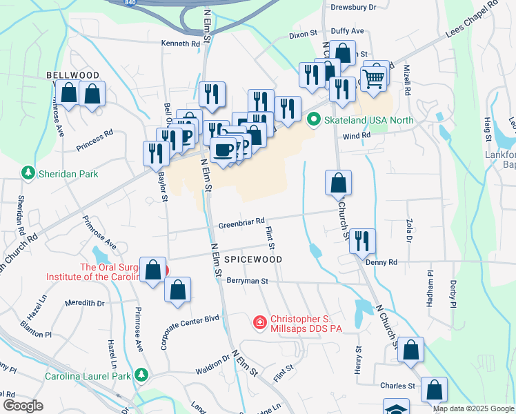 map of restaurants, bars, coffee shops, grocery stores, and more near 216 Greenbriar Road in Greensboro