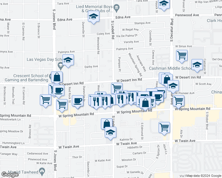 map of restaurants, bars, coffee shops, grocery stores, and more near 3346 Tiara Point Circle in Las Vegas