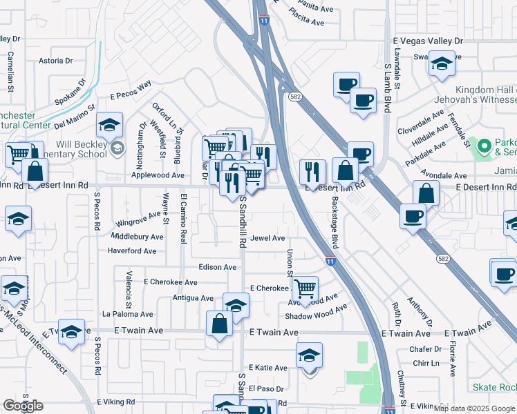 map of restaurants, bars, coffee shops, grocery stores, and more near 3875 East Desert Inn Road in Las Vegas
