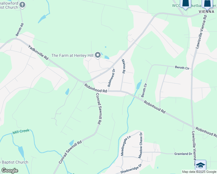 map of restaurants, bars, coffee shops, grocery stores, and more near 3521 Robinwest Drive in Pfafftown
