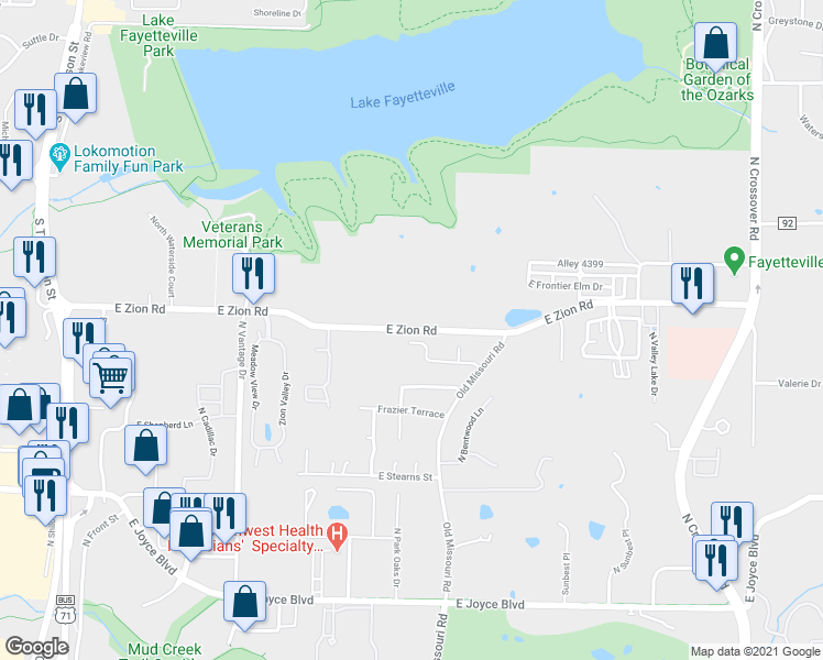 map of restaurants, bars, coffee shops, grocery stores, and more near 2281 Zion Road in Fayetteville