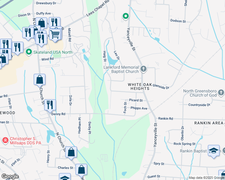 map of restaurants, bars, coffee shops, grocery stores, and more near 1301 Cushing Street in Greensboro