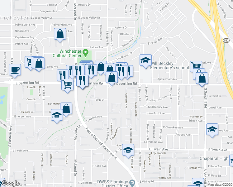 map of restaurants, bars, coffee shops, grocery stores, and more near 3255 East Desert Inn Road in Las Vegas