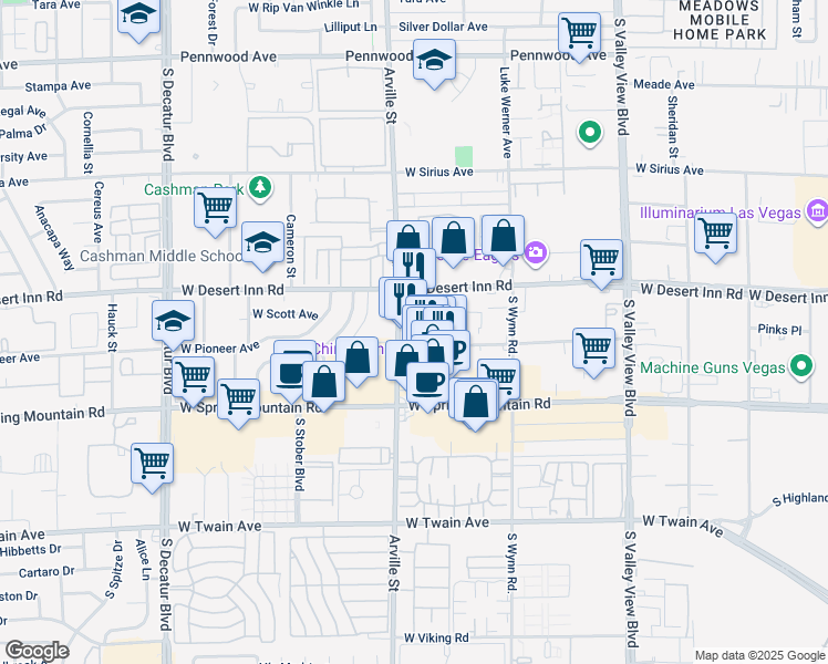 map of restaurants, bars, coffee shops, grocery stores, and more near 3376 South Arville Street in Las Vegas