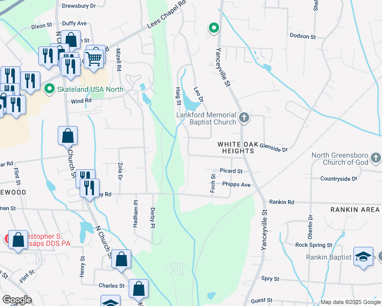 map of restaurants, bars, coffee shops, grocery stores, and more near 1301 Cushing Street in Greensboro