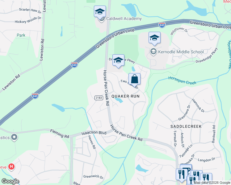 map of restaurants, bars, coffee shops, grocery stores, and more near 20 Cherine Way in Greensboro