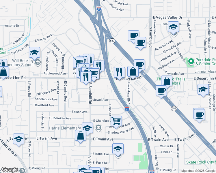 map of restaurants, bars, coffee shops, grocery stores, and more near 3920 Raymert Drive in Las Vegas