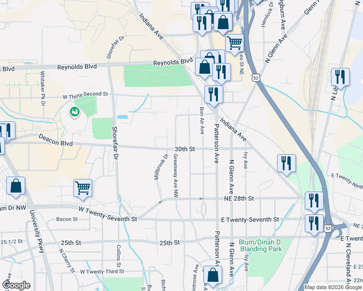map of restaurants, bars, coffee shops, grocery stores, and more near 3014 Greenway Avenue Northwest in Winston-Salem