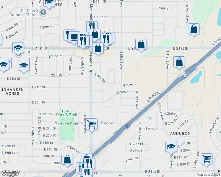 map of restaurants, bars, coffee shops, grocery stores, and more near 2305 South 84th East Avenue in Tulsa